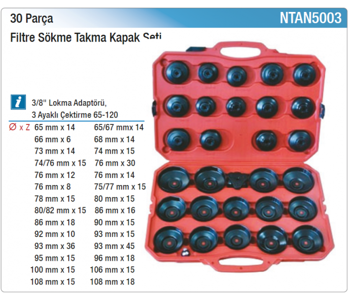 NT tools 30 PARÇA FİLTRE SÖKME TAKMA KAPAK SETİ