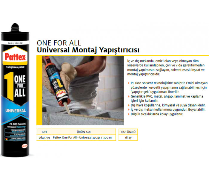 PATTEX ONE FOR ALL UNİVERSAL MONTAJ YAPIŞTIRCISI 300 ml