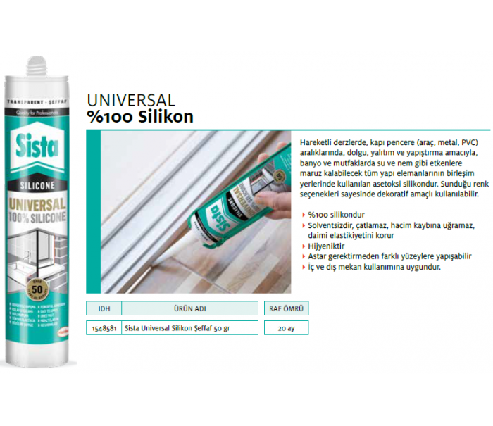 SİSTA UNİVERSAL SİLİKON ŞEFFAF 50gr